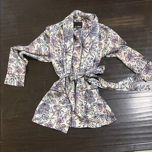 Sam Edelman Womens Antique White Floral Smoking Sleepwear Robe Pockets Size S
